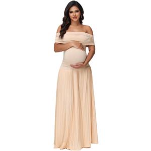 JustVH Women's Maternity Off Shoulder Baby Shower Dress Party Paneled Ruched Hem Maxi Photography Gown for Photoshoot (Biege, Medium)
