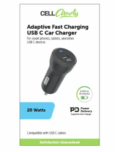 Cell Candy Adaptive Fast Charging USB-C car Charger for any USB-C devices 20 Watts