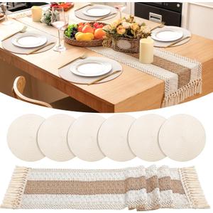 Boho Placemat and Table Runner Set 15'' Ivory Round Braided Place Mats 72'' Long Farmhouse Macrame Table Runner Centerpiece for Home Dining Bridal Decoration