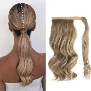 CJL HAIR 14" Short Ponytail Hair Extension Wrap Around Pony Tail Clip in Curly Wavy Synthetic Fake Hairpiece for Women Dirty Blonde