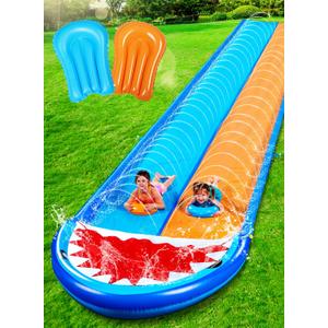 Sloosh Shark Double Water Slide, 22.5ft Heavy Duty Lawn Water Slip and Slide with Sprinkler and 2 Slip Inflatable Boards for Party Summer Yard Lawn Outdoor Play Activities