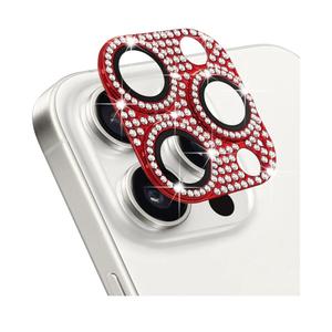 Designed for iPhone 15 Pro and 15 Pro Max Camera Lens Protector, Bling Rhinestone Sparkle Diamond 9H Tempered Glass Lens Cover Shockproof Full Protective Camera Cover, Red