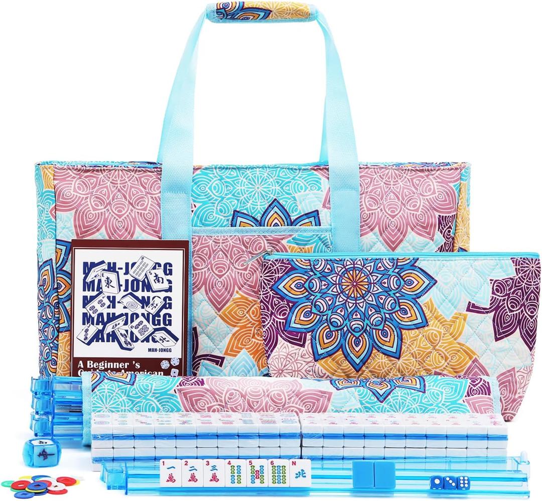 American Mahjong Tile Set with Printed Carrying Bag, 166 Premium Blue Tiles, 4 Blue All-in-One Racks/Pushers and Accessories, Mahjong Set, Complete Mahjong Game Set for Travel, GiftsBlue
