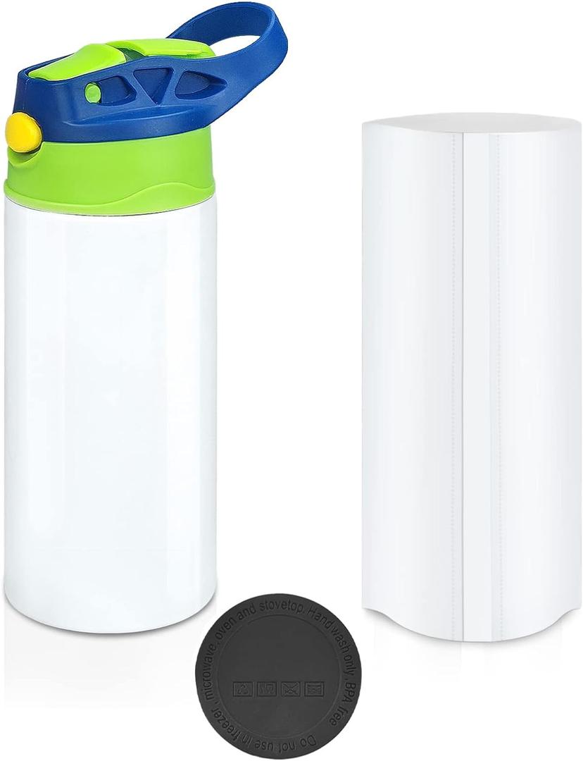 Kids Sublimation Tumbler,12oz Sublimation Water Bottle Blanks,Straight Stainless Steel Todder Sippy Cup,Double Wall Insulated Sippy Tumbler with Handle,Shrink Films,Leak Proof (Blue)