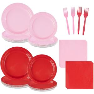 96Pcs Pink Red Birthday Party Decorations Red and Pink Plates and Napkins Disposable Solid Color Paper Tableware Set for Girls Women Birthday Mother's Day Bridal Shower Party Supplies Serves 24