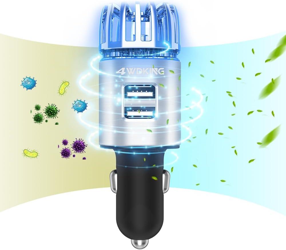 Car Air Purifier Ionizer, 12V Plug-in Car Air Freshener Gadgets with Dual USB Charger Removes Cigarette Smoke, Pet and Food Odor, Ionic Ozone (Silver)