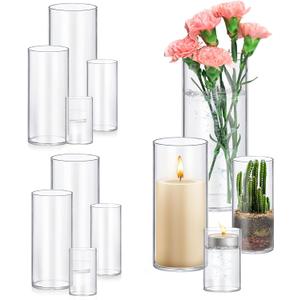 8 Pack Glass Cylinder Vases 4,6,8,10 Inch Tall Clear Flower Vase Hurricane Floating Candle Holder for Table Centerpiece Wedding Home Decor