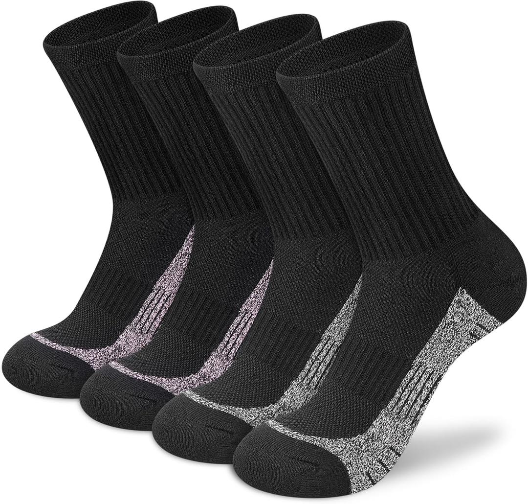 Crew Socks Women Athletic Hiking Running Cushioned Compression Socks  (4 Pairs Black) M