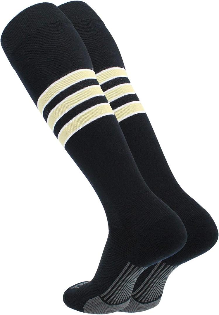 Baseball & Softball Socks | USA Made Dugout Series Striped | Over the Calf | Sizing for Youth Boys, Girls, Men, & Women's (Large, Black/White/Vegas Gold)