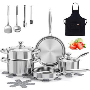 Stainless Steel Cookware Set, 16-Piece Pots and Pans Set Non Toxic, Kitchen Induction Cookware with Glass Lids, Steamer, Utensil Sets, Pot Protectors & Apron, Oven & Dishwasher Safe, Silver