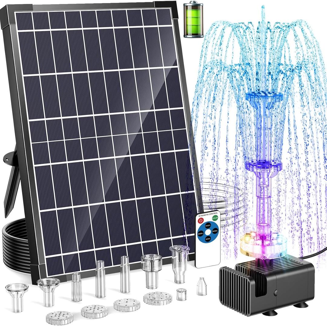 Antfraer 12W Solar Fountain Pump with 4200mAh Battery Backup& Remote RGB LED Lights, Floating Solar Water Fountain with 8 Nozzles & PVC Tubing for Bird Bath, Garden, Backyard, Outdoor Water Feature