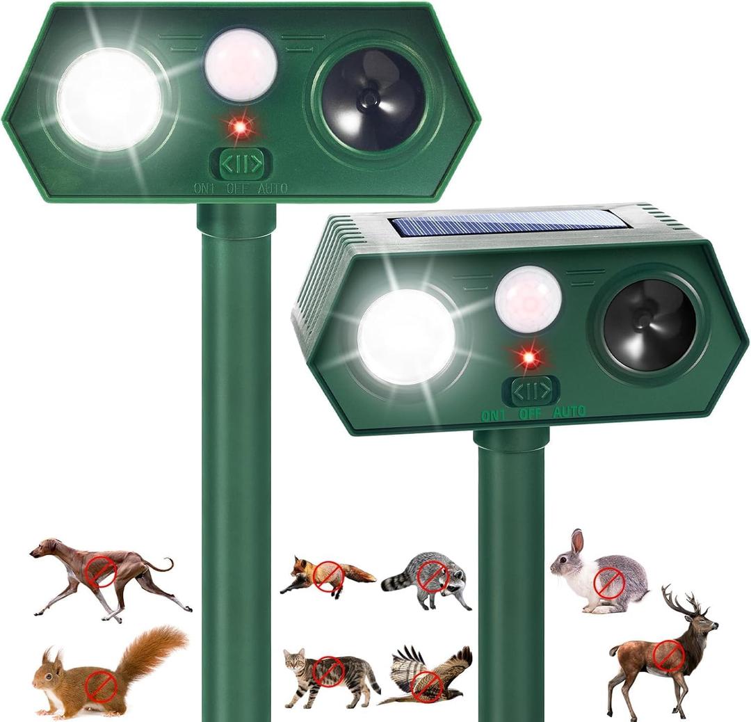 2026 Solar Animal Repellent Ultrasonic Outdoor 2 Pack, Motion Sensor Deer & Cat Deterrent with Flashing Light, Professional Squirrel Rabbit Raccoon Repeller for Garden Yard Defense