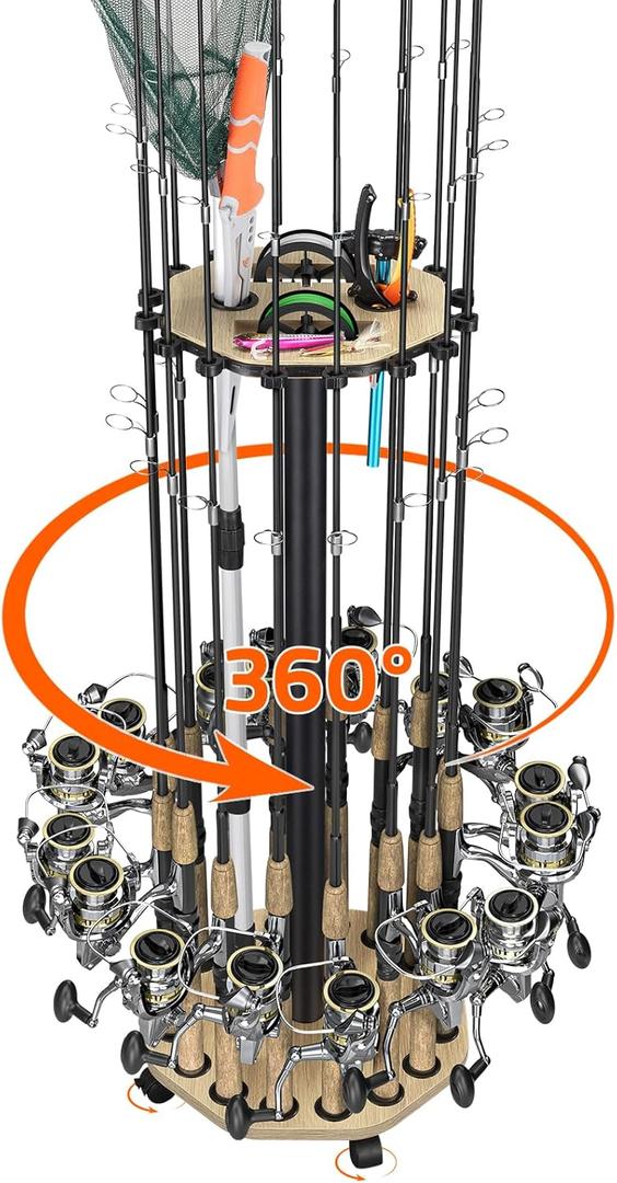 KEXMO Mobile Fishing Rod Holder Pole Rack for Garage, 360 Degree Lockable Wheels, Rigging Station, Heavy-Duty Steel Space-Saving Floor Stand, Holds 16 Combos, Fishing Gear Storage, Natural Wood Grain