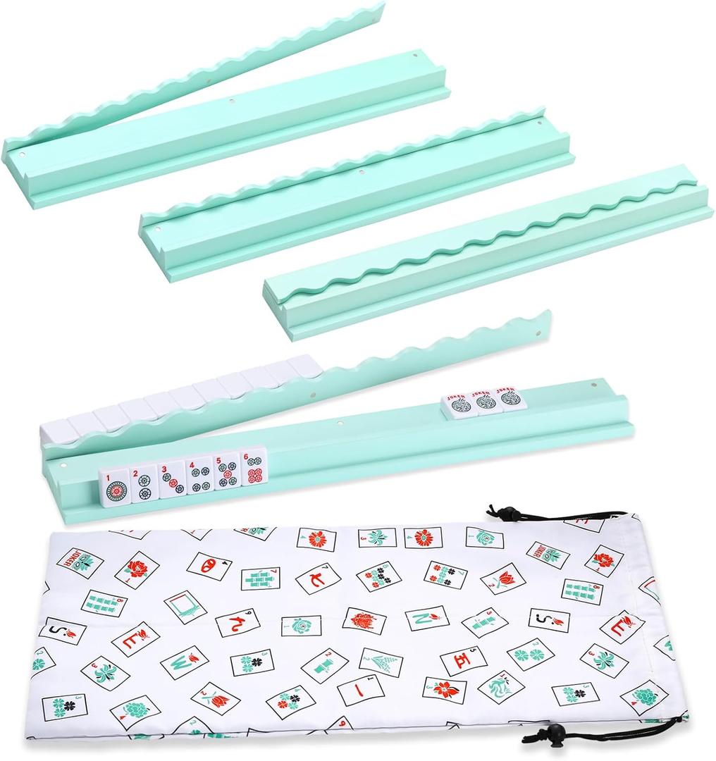 50cm Mahjong Racks with Pushers, Light Blue Wooden American Mahjong Tile Pushers & Racks Set of 4, with White Printed Mahjong Racks Drawstring Bag, Mahjong Accessories, 50 x 6.5 x 2.7 cm