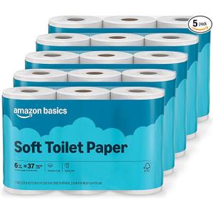 Amazon Basics 2-Ply Soft Toilet Paper, 30 Rolls (5 Packs of 6), 350 Sheets per Roll, Septic Safe, Equivalent to 185 Regular Rolls