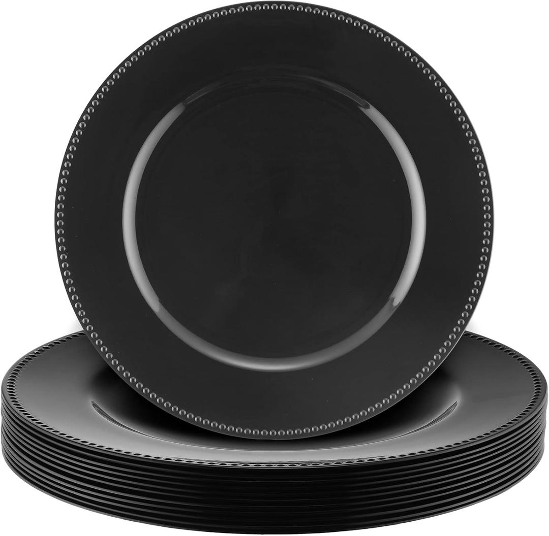 Gerrii 12 Pcs Metallic Bead Charger Plates 13 Inch Plastic Round Plates Bulk Wedding Beaded Chargers for Table Party Event Decoration (Black)