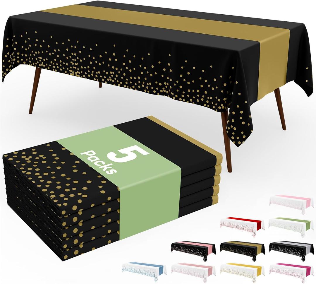 Smiry Plastic Table Cloth Disposable 5 Pack, 54 x 108 Inch Rectangle Waterproof Tablecloth, Printed Gold Table Runner Style for Birthday Weeding, Party Decorations, Leakproof & Sturdy, Black and Gold
