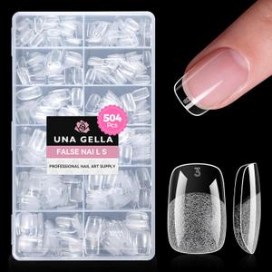UNA GELLA Gel Nail Tips Square & Squoval Short, 504pcs Short Round Square Nail Tips Pre Etched Squoval Soft Gel Clear Fake Nails Full Cover For Nails Extension Home DIY Salon 12 Sizes