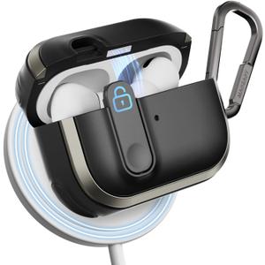 MAGEASY Design for AirPods Pro 2 Case Cover - Rugged AirPods Pro Case with Lock | Work with Cable, Official Apple Watch & MagSafe Charging | Include Carabiner - Odyssey (Metal Black)