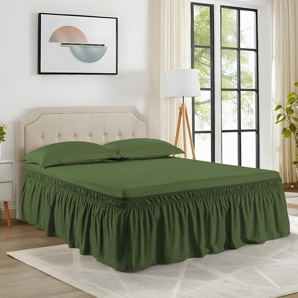 Dark Olive Wrap Around Bed Skirt for Full/Queen Beds 18" Drop,Green Bed Skirt Adjustable Elastic Dust Ruffles Easy Fit Wrinkle & Fade Resistant Luxurious Fabric Machine Washable