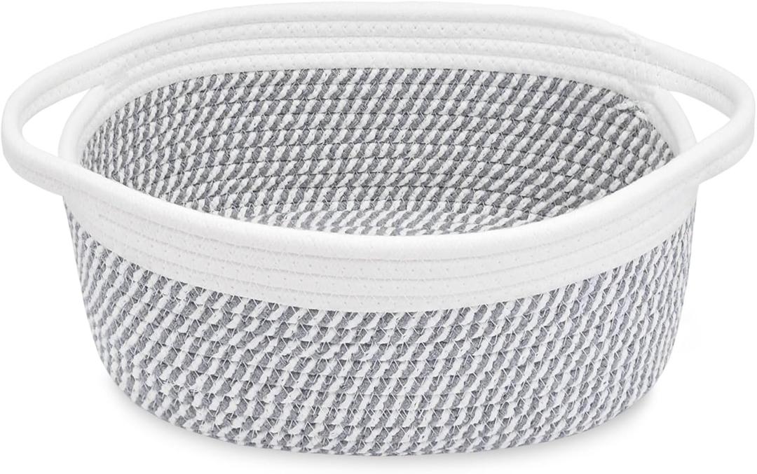 ABenkle Small Basket, 12"x 8" x 5" Cute Small Woven Basket, Rope Room Shelf Storage Basket, Cat Dog Toys Basket Chest Box, Decorative Empty Gift Basket with Handles (Grey Stripe)