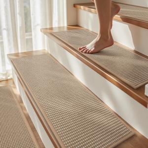 15PC Jute Stair Treads for Wooden Steps-Stairs Carpet Non Slip-Peel and Stick Stair Treads Indoor, Adhesive Staircase Step Treads Residue Free, Durable Natural Stair Runner Rug, 8"x30" Beige