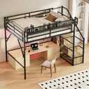 Queen Size Metal Loft Bed with Storage Shelf Built-in USB Port, Heavy Duty Loft Bed w/Storage Stairs & Wardrobe+ LED Lights for Bedroom, Large Under-Bed Area, Noise Free, No Box Spring Needed (Black+nature)