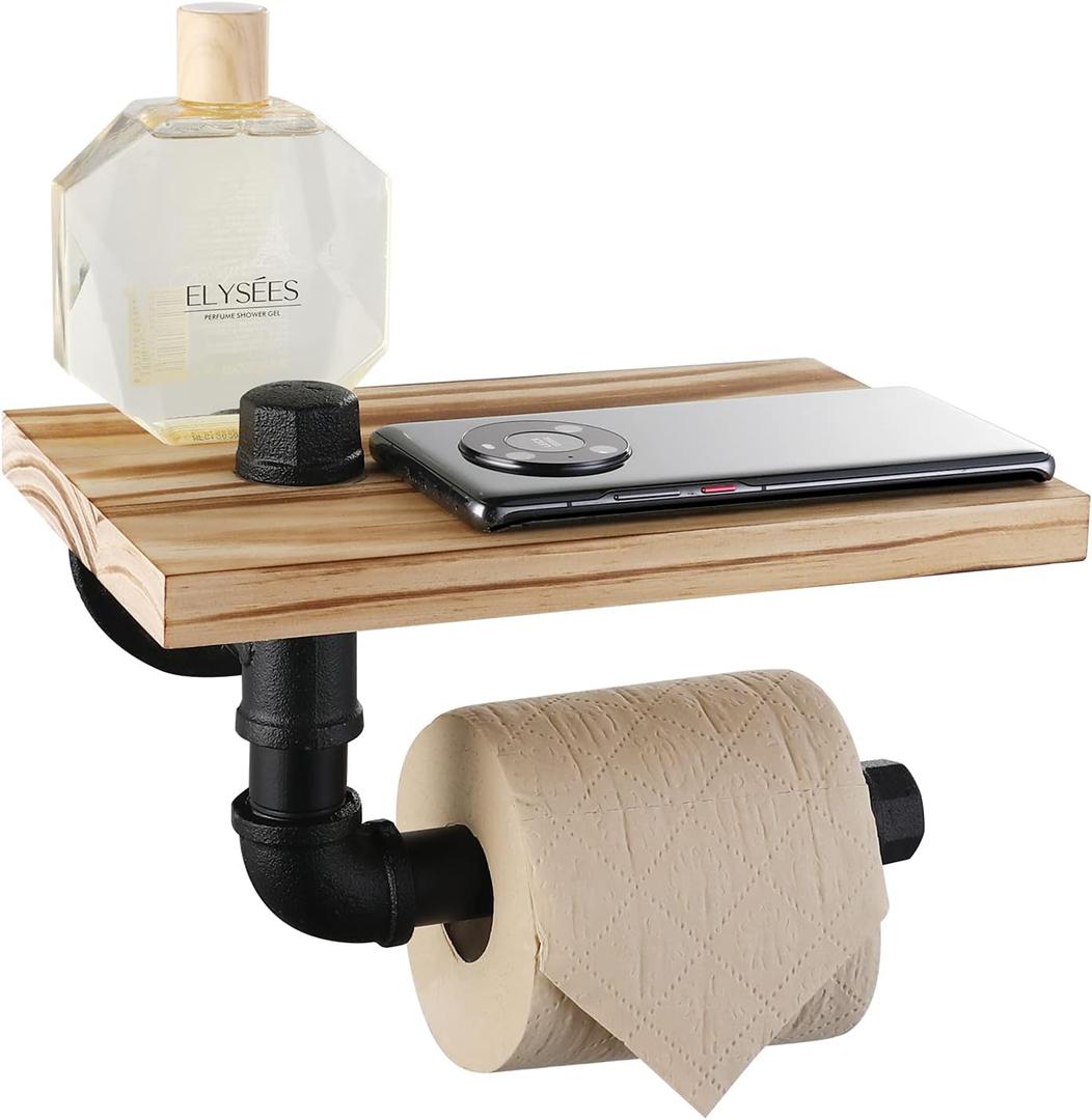 Livabber Industrial Pipe Toilet Paper Holder - Vintage Style DIY Wall Mount Roll Tissue Towel Holder for Bathroom Living Room and Kitchen (7" with Shelf, Black)