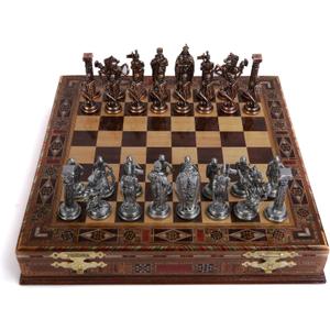 Medieval British Army Antique Copper Metal Chess Set for Adults,Handmade Pieces and Natural Solid Wooden Chess Board with Storage Inside King 3.35inc, 15x15x2.55 inches