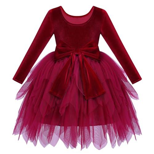 IDOPIP Toddler Baby Girls Velvet Tutu Dress Bowknot Tulle Ruffle Long Sleeve Princess Christmas Birthday Party Dresses Fall Winter Clothes Kids Vintage Holiday Pageant Dress Outfit Red 5-6 Years