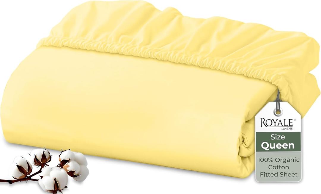 Royale Linens 100% Organic Cotton Fitted Sheet - Percale Weave - Super Soft Deep Pocket Bottom Sheets - Elastic Sheet Queen Size - Queen Fitted Sheets Only - (60"x80"+15", Yellow)