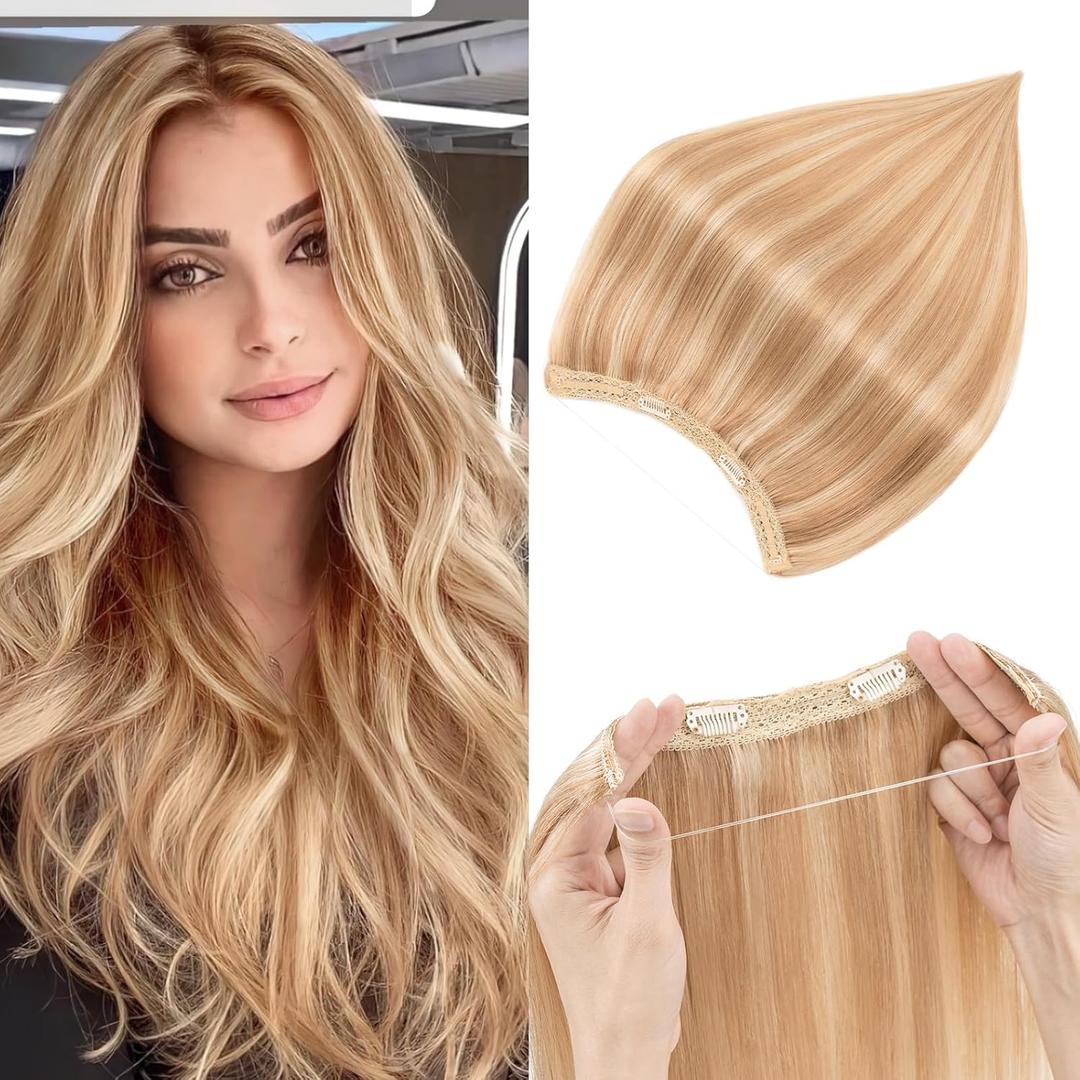 Prokyvity Halo Hair Extensions Real Human Hair,Halo Hair Extension 100% Human Hair, Wire Hair Extensions,Straight 12P613 Golden Brown Mixed Bleach Blonde 12 Inch/55 G