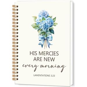 TWRVI Blue Hydrangea Christian Spiral Notebook, Religious College Ruled Notebook Journal for School Office Supplies, His Mercies Are New Every Morning Bible Journaling Notebooks 5.5"x8.3" 164 Pages