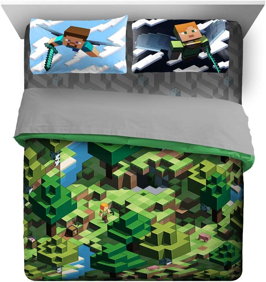Jay Franco Minecraft Daytime 7 Piece Queen Bed Set - Includes Comforter & Sheet Set - Bedding Features Alex and Steve - Super Soft Fade Resistant Microfiber - (Official Minecraft Product)
