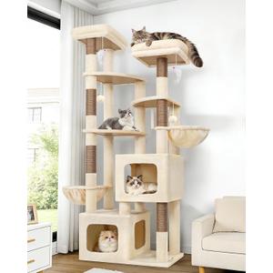 Globlazer 74In Sturdy Cat Tree for Large Cats, Heavy Duty Multi-Level Tall Cat Tree Tower for Multiple Indoor Adult Cats with Scratching Posts, 2 Cat Condos, 2 Top Perches, S74E, Beige
