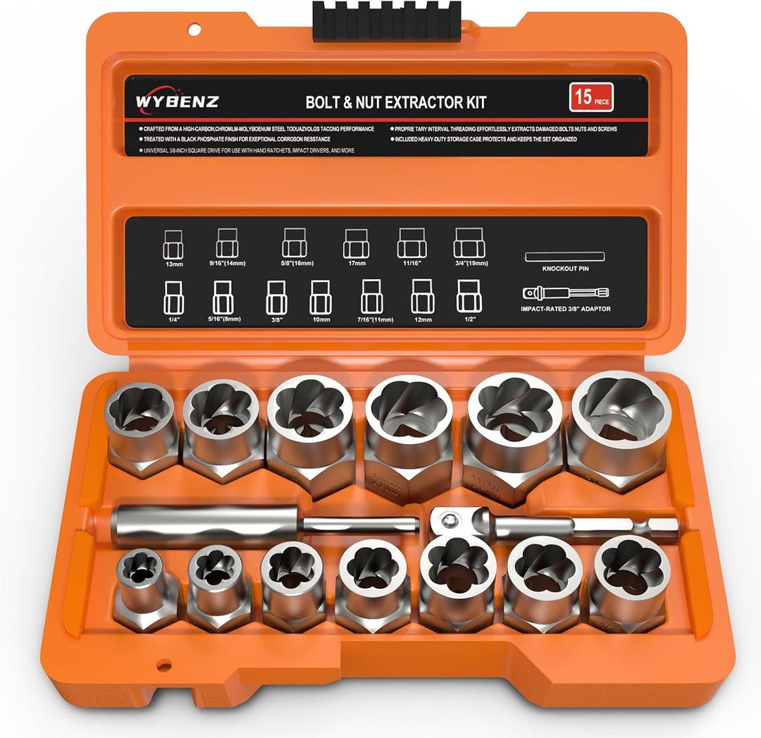 15 PCS Bolt Extractor Set, 3/8" Drive Impact Bolt & Lug Nut Remover Socket Tool Kit, Stripped Bolt Extractor Socket Set For Broken,Damaged, Frozen, Studs, Rusted, Rounded-Off Bolts, Nuts & Screws