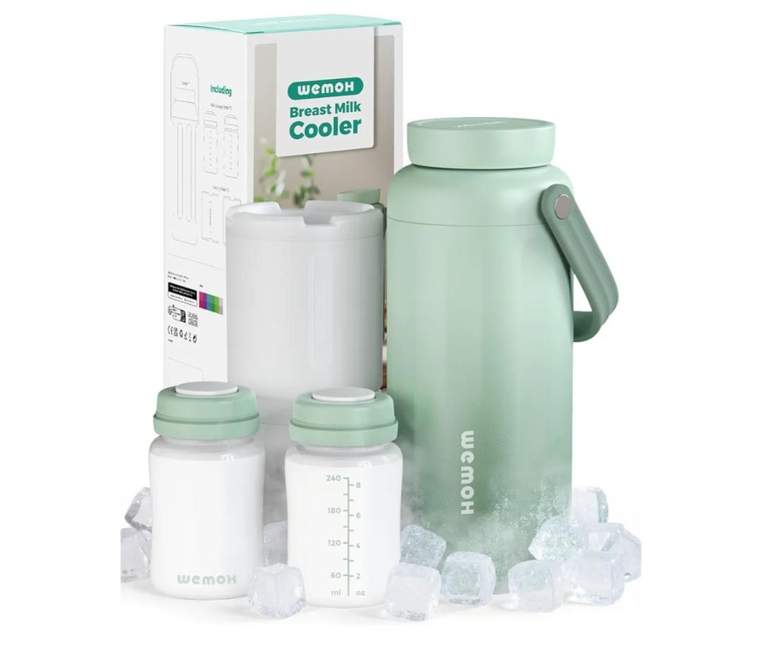 WEMOH Breast Milk Cooler Bottle - 12H+ Ice-Cold/24H Safe Storage, Compatible with Spectra Pumps, TSA Approved Travel Chiller, 18oz (2x9oz) Lightweight Leakproof Container for Work, Green