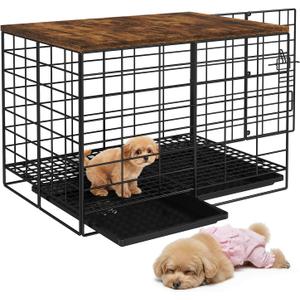 24 Inch Small Dog Crate - Indoor Puppy Kennel with Training Tray, Wooden Top & Thickened Metal Wire, Dog Cage for Small Dogs & Puppies Under 20 lbs, Decorative All-Stage Pet House