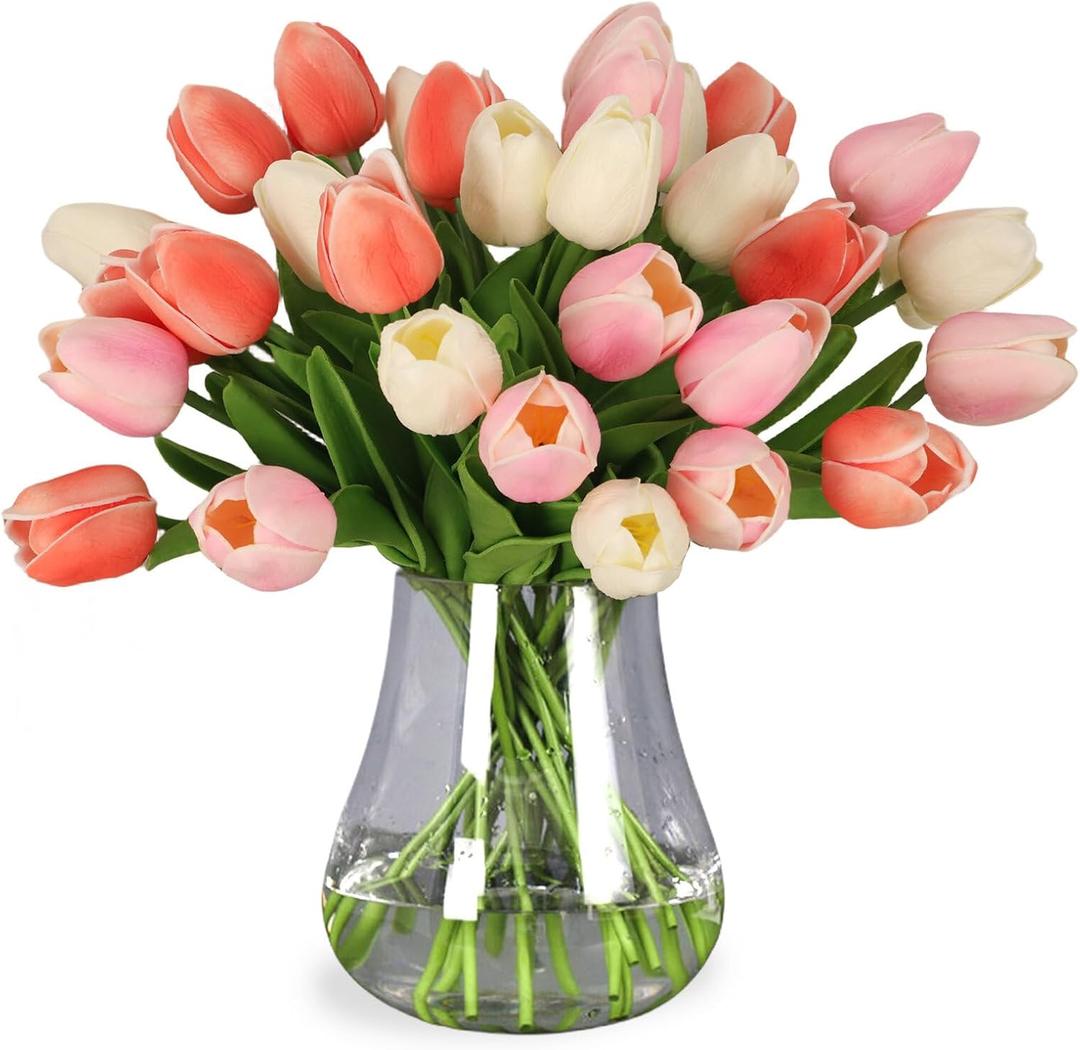 30pcs Tulips Artificial Flowers, Real Touch Fake Flowers Home Decor, Faux Tulips Bouquets Arrangements for Spring Easter Mothers Day Wedding Dining Room Table Decoration(3 Colors), Cream & Pale Pink & Peach Pink