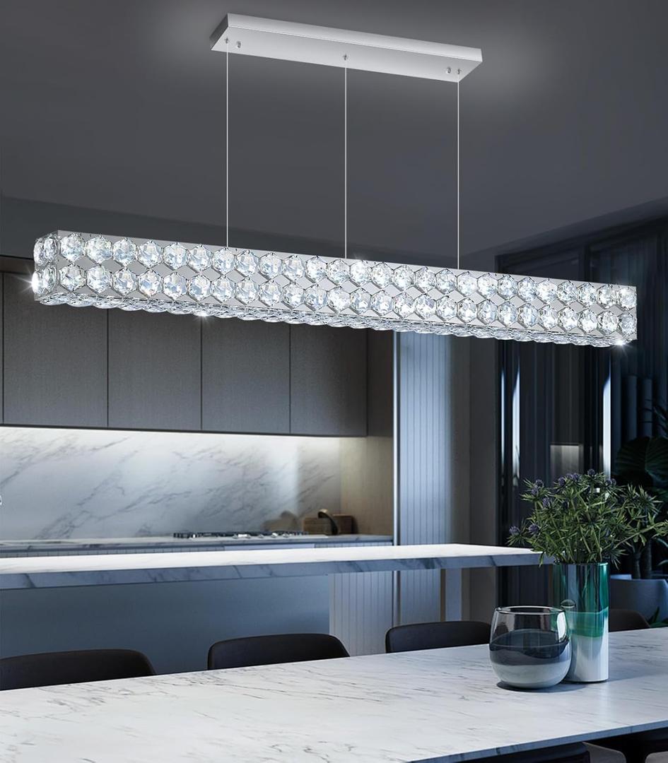 47'' Modern Crystal Chandelier for Dining Room Ceiling Light Fixture for Living Room Hallway Lighting LED Dimmable with Remote Silver