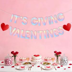 Valentines Day Decorations, No DIY Shiny Iridescent Silver Holographic It's Giving Valentines Banner with Valentine's Day Red Hearts for Valentines Home Mantle Wall Bedroom Decor