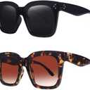 Vintage Women Oversized Sunglasses Designer Luxury Square Sun Glasses UV400 Protection Flat Lens ((2 Pack) Black Frame Grey Lens+tortoise Frame Gradient Brown Lens)