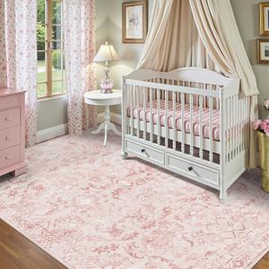 Pink Vintage Area Rug 3x5 for Living Room Bedroom, Washable Distressed Farmhouse Soft Thin Non-Shedding Indoor Throw Rug, Traditional Accent Carpet for Bedroom Office