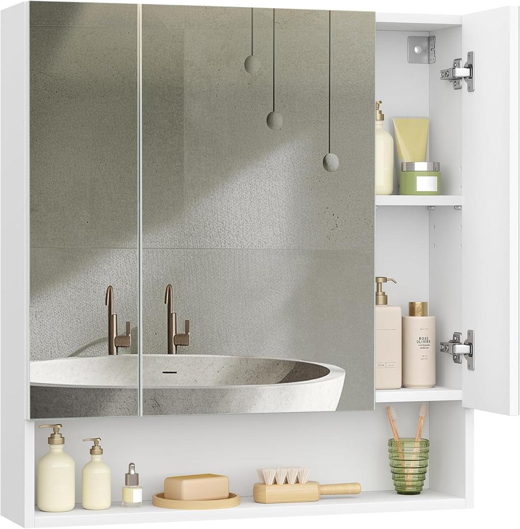 VASAGLE BBK129W01 Bathroom Cabinet with 3 Doors, Mirror Cabinet, Open Compartment, Adjustable Shelves, 16.5 x 70 x 75 cm, Cloud White