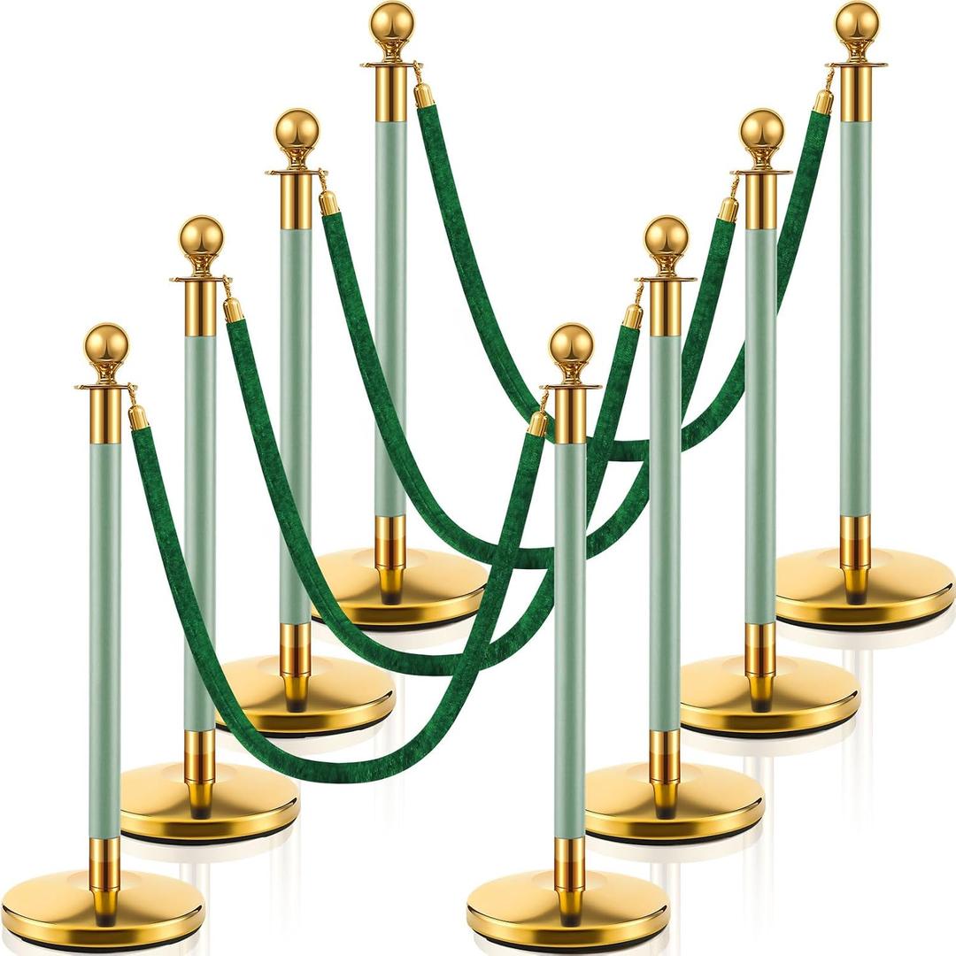 Landhoow 8 Pcs Stanchions and Velvet Ropes Crowd Control Kit, 4 Green Ropes
Stainless Steel Posts, Hollow Bases, 5 ft Length, Adjustable Queue Setup, for Wedding Ceremony, Reception & Party Event Decor
