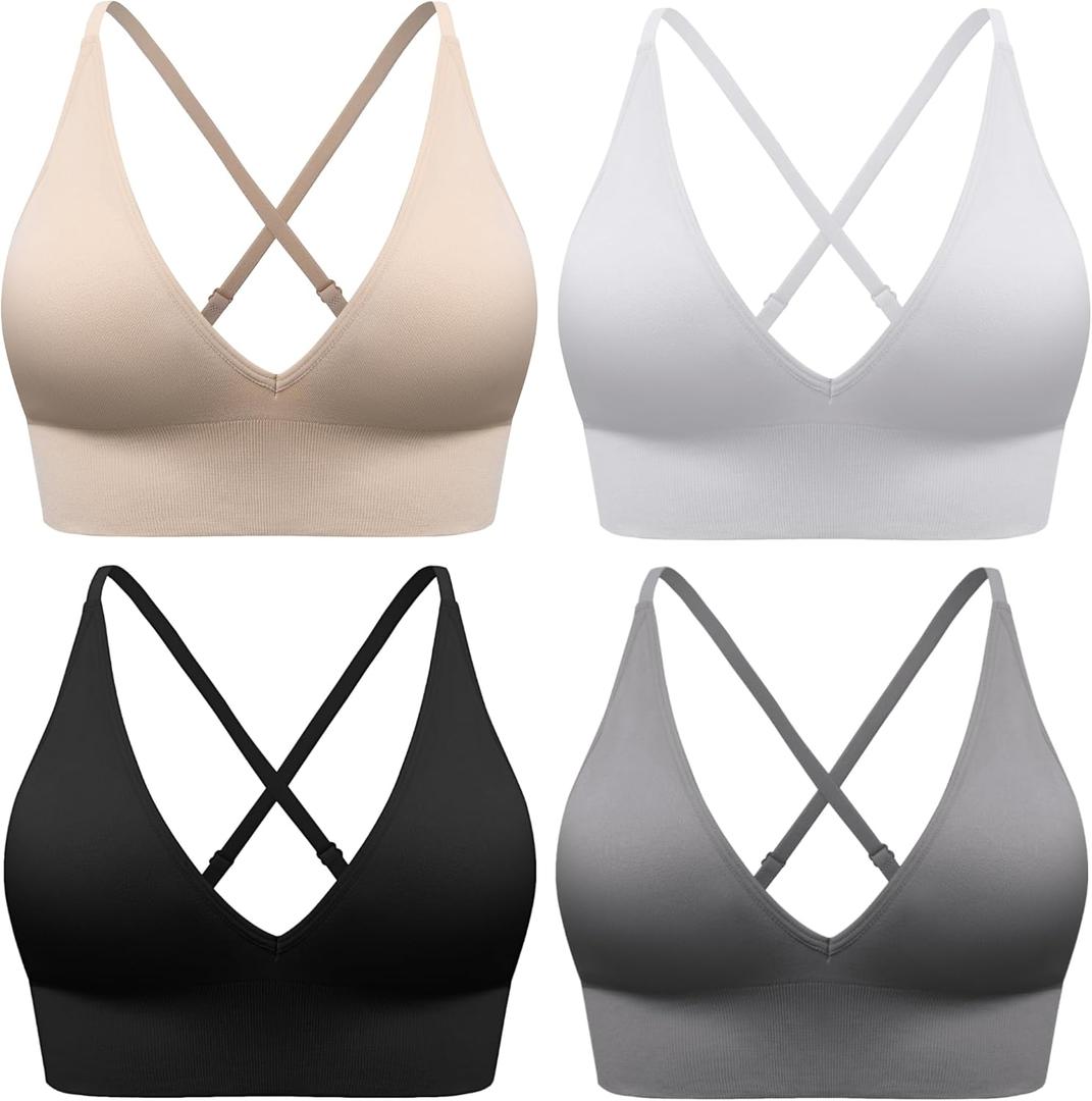 Evercute Women's Sports Bras 3/4 Pack Adjustable Deep V Neck Bras Wireless Spaghetti Strap Criss Cross Padded Low Support Bra (X-Large)