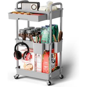 3 Tier Rolling Cart Organizer,Laundry Room Bathroom Organizers and Storage Office Shelves Mobile Shelving Unit Kitchen Trolley Cart with Wheels for Art,Craft,Diaper,Bedside,Snack(Grey)
