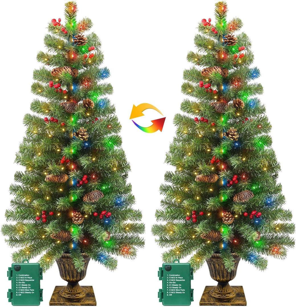 2 Pack 4 Ft Outdoor Potted Christmas Entrance Tree with Timer, 8 Mode 60 LED Dual Color Change Lights, Battery Operated, 140 Branches Tips 15 Pinecone 15 Berries Xmas Tree for Porch Front Door Decor 2 Pack 4 Ft Outdoor Potted Christmas Entrance Tree with Timer, 8 Mode 60 LED Dual Color Change Lights, Battery Operated, 140 Branches Tips 15 Pinecone 15 Berries Xmas Tree for Porch Front Door Decor