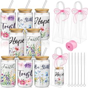 Mumufy 8 Sets Christian Glass Cups with Clear Gift Bag 16 oz Reusable Pink Iced Coffee Mugs Aesthetic Cute Tumbler with Lids and Straws, Gifts for Girls Women Bridesmaid