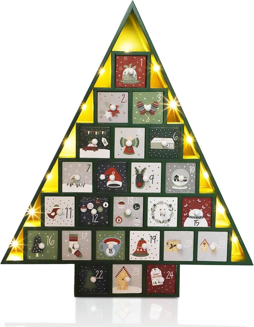 MorTime LED 24 Day Advent Calendar Decorated with 24 Storage Drawers, Green Wooden Countdown to Christmas Calendar